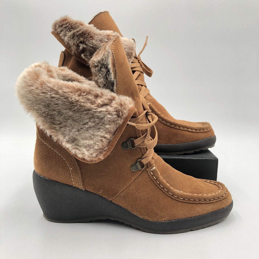 Iso Isotoner Boots Womens 9 M Vanessa Ankle Bootie Brown Leather Lace Up Wedge - Picture 2 of 11